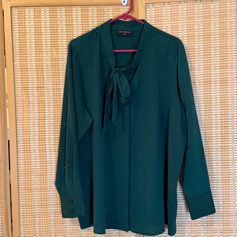 Lane Bryant Green Tie‎ Neck Micro Dot Blouse Long Sleeve Top Womens 18/20 Y2K
